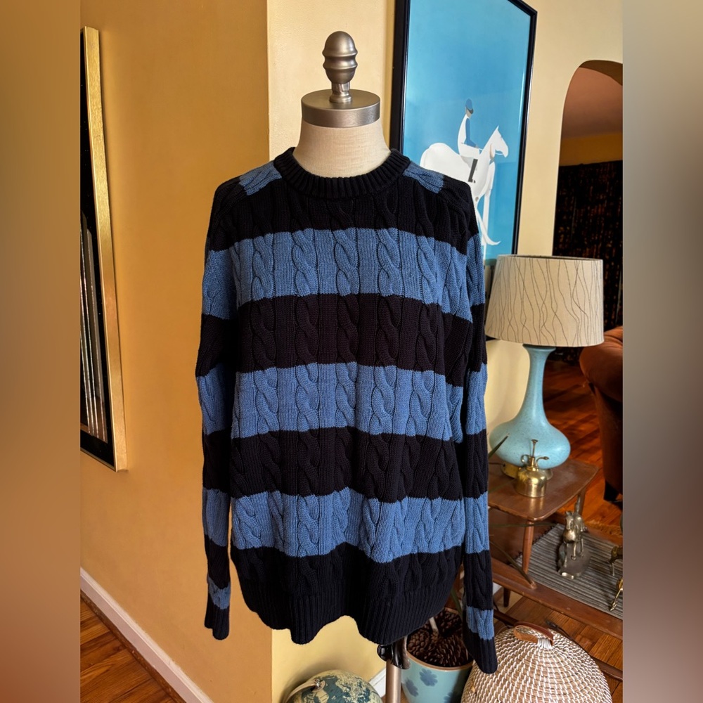 men’s l. l. bean blue striped cable knit sweater